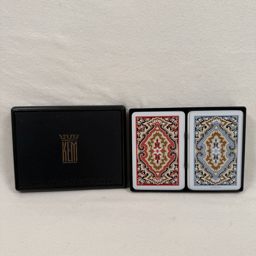 Vtg KEM Plastic Playing Cards Double Deck Paisley Pattern PINOCHLE Red Blue 1935